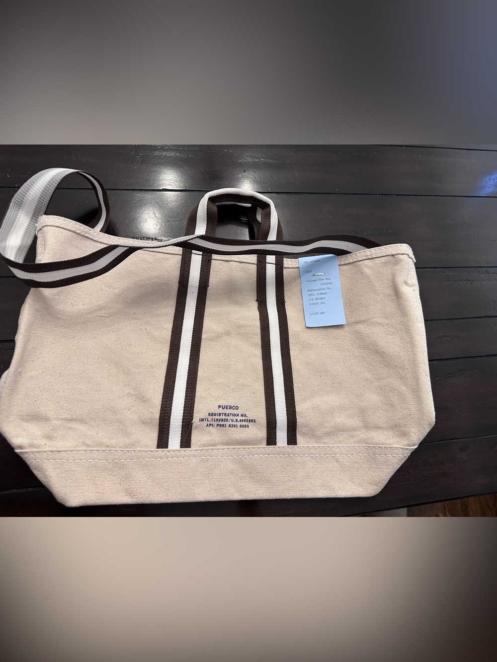 Canvas Tote Bag with Brown Striped Webbing NWT